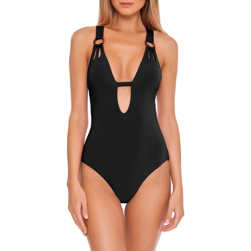 🆕BECCA Color Code Plunge One-Piece Swimsuit Large (10-12) Black - Picture 2 of 8